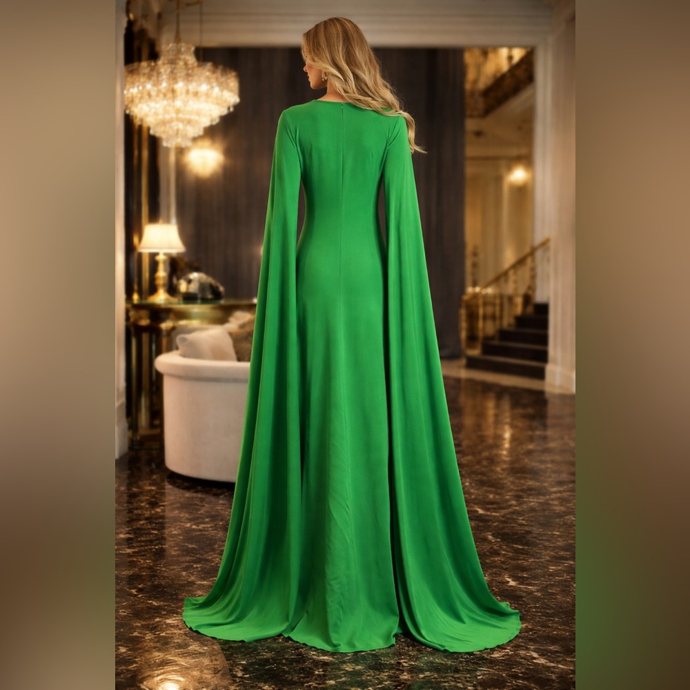 Emerald Green Cape Evening Gown – Luxury Formal, Wedding Guest, Birthday Dress - Picture 2 of 2